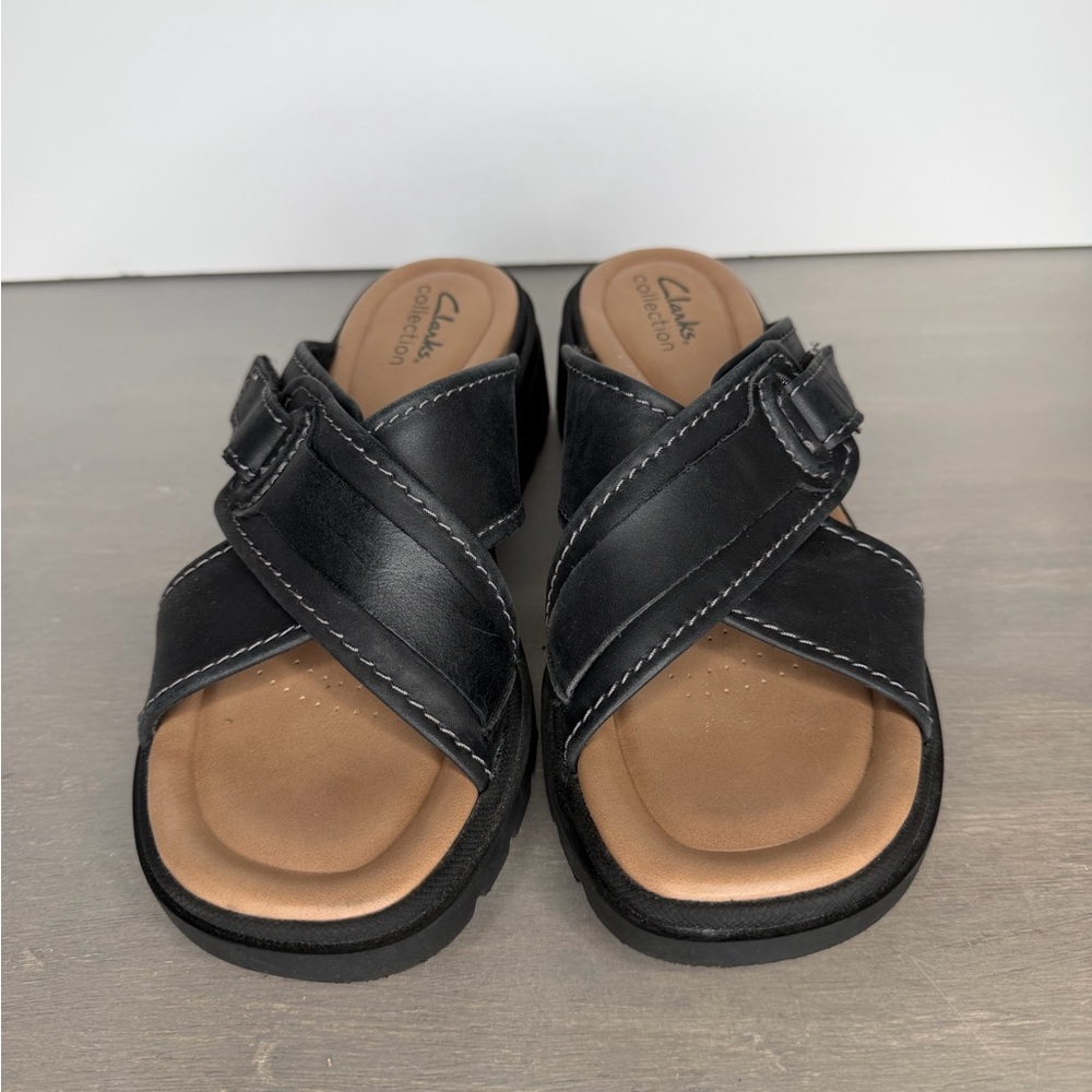 Clarks Black Leather Cross-Strap Slide Sandals Size 8 - Picture 3 of 8